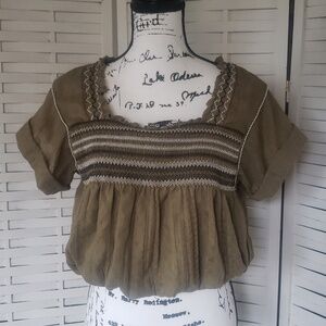 Free People olive green short sleeves embroidery smoked chest lined top size XS